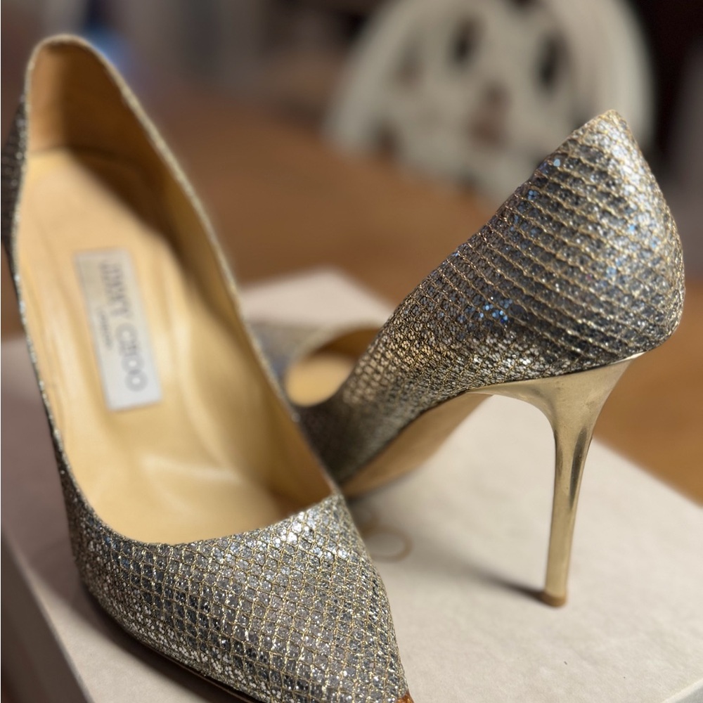 Jimmy Choo Glitter Fabric Champagne Pointed-Toe Pumps
